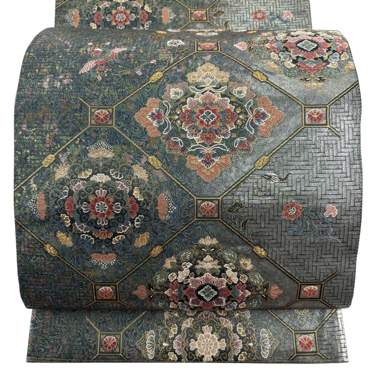 美品】 袋帯 秀品 関西仕立て 蜀甲更紗華文 箔 深緑 六通 正絹｜中古