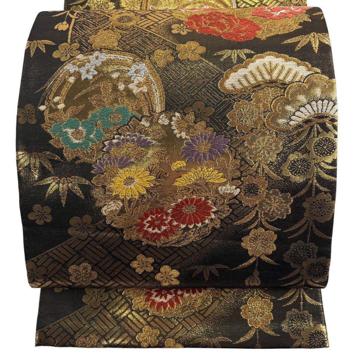 袋帯 スワトウ 刺繍 茶色 金糸 花に吉祥模様 お太鼓柄 正絹 仕立て上がり 長さ440cm 【キモノオフ野々市若松店】 袋帯 スワトウ 刺繍 茶色 金糸 花に吉祥模様 お太鼓柄 正絹 仕立て