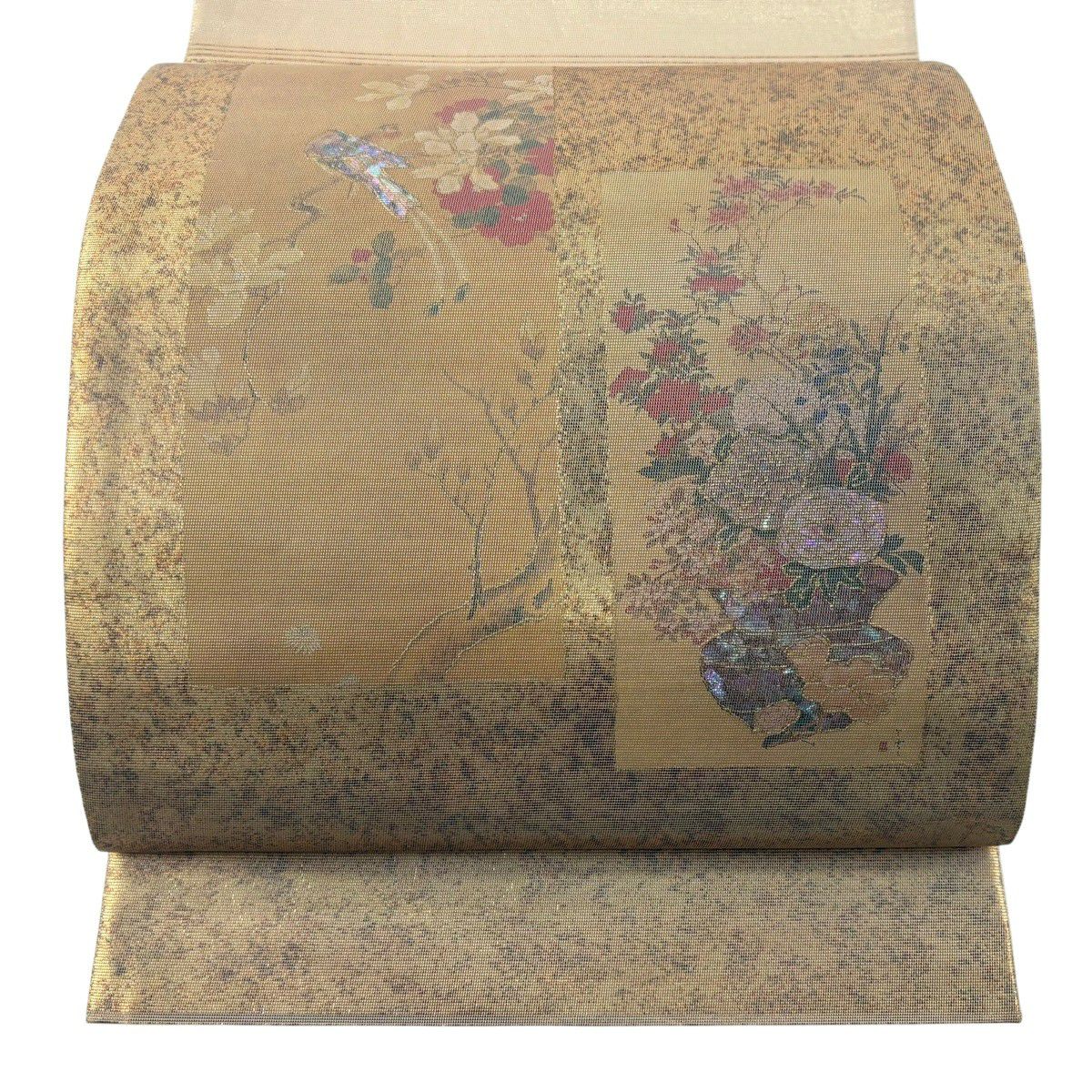 袋帯 美品 秀品 鳥 草花 箔 金色 お太鼓柄 正絹｜中古・古着