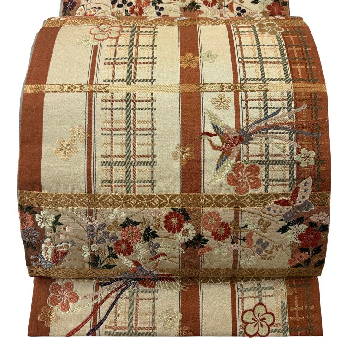 袋帯 中古 リサイクル 正絹 フォーマル 仕立て上がり 六通 作家物 落款 唐織 花模様 菊 箔糸 蒸栗色 多色 金銀 きもの北條 A970-11 袋帯 中古 リサイクル 正絹 フォーマル 仕立て上がり 六通 作家物 落款