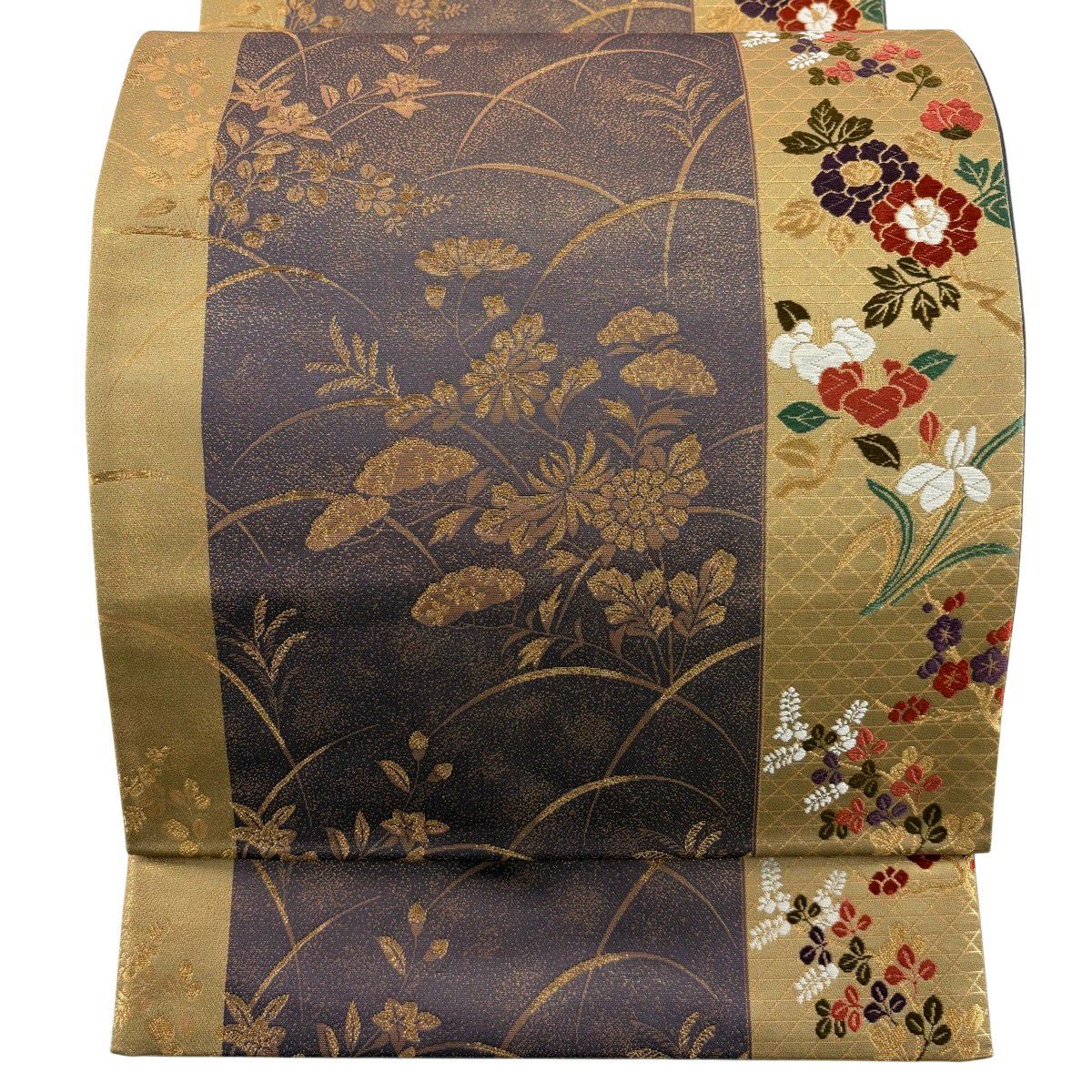 名古屋帯 秀品 葉と実 草花 金糸 刺繍 薄黄 正絹｜中古・古着