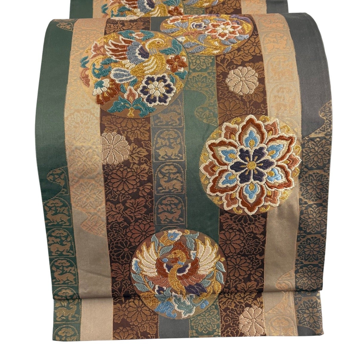 袋帯 秀品 華文 花鳥 金糸 唐織 茶色 六通 正絹｜中古・古着