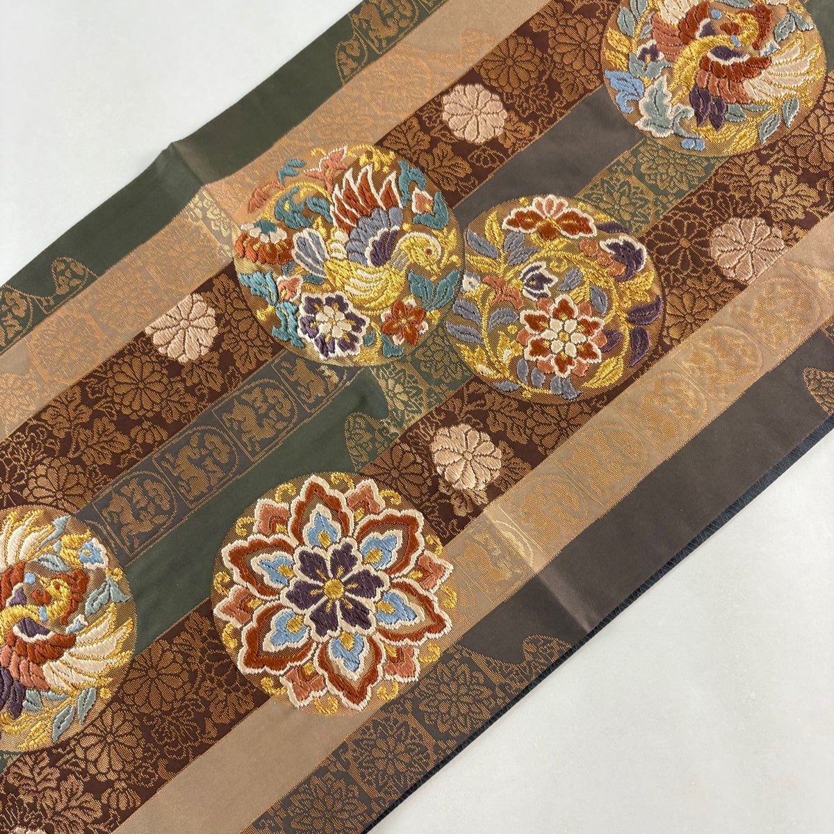 袋帯 秀品 華文 花鳥 金糸 唐織 茶色 六通 正絹｜中古・古着