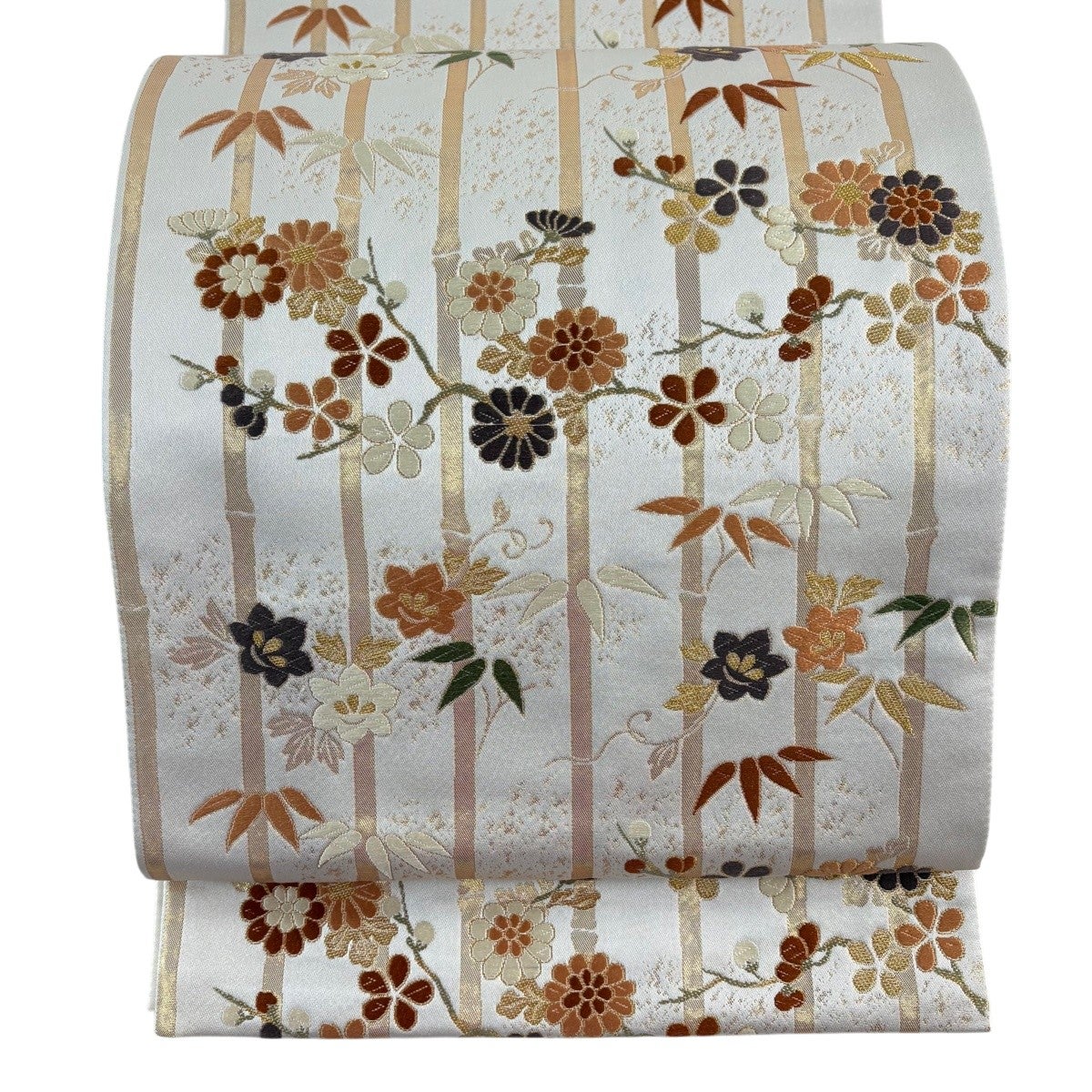 美品】 袋帯 秀品 関西仕立て 草花 変わり市松 金糸 箔 朱色 六通 正絹