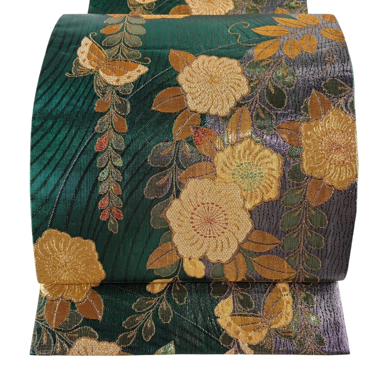 ☆ 袋帯 作家物 美しい辻が花模様 金通し 草緑色 O-3245 美品】 袋帯 秀品 振袖向き 辻が花柄 箔 金糸 緑 六通 正絹｜中古