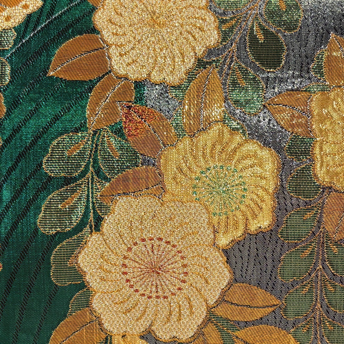 美品】 袋帯 秀品 振袖向き 辻が花柄 箔 金糸 緑 六通 正絹｜中古