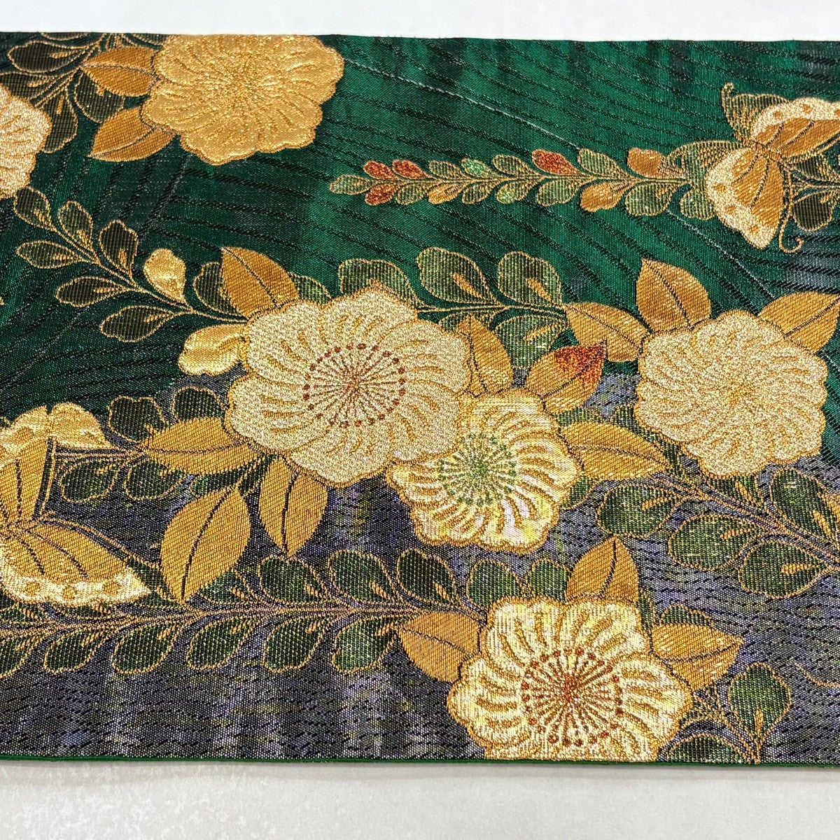 美品】 袋帯 秀品 振袖向き 辻が花柄 箔 金糸 緑 六通 正絹｜中古