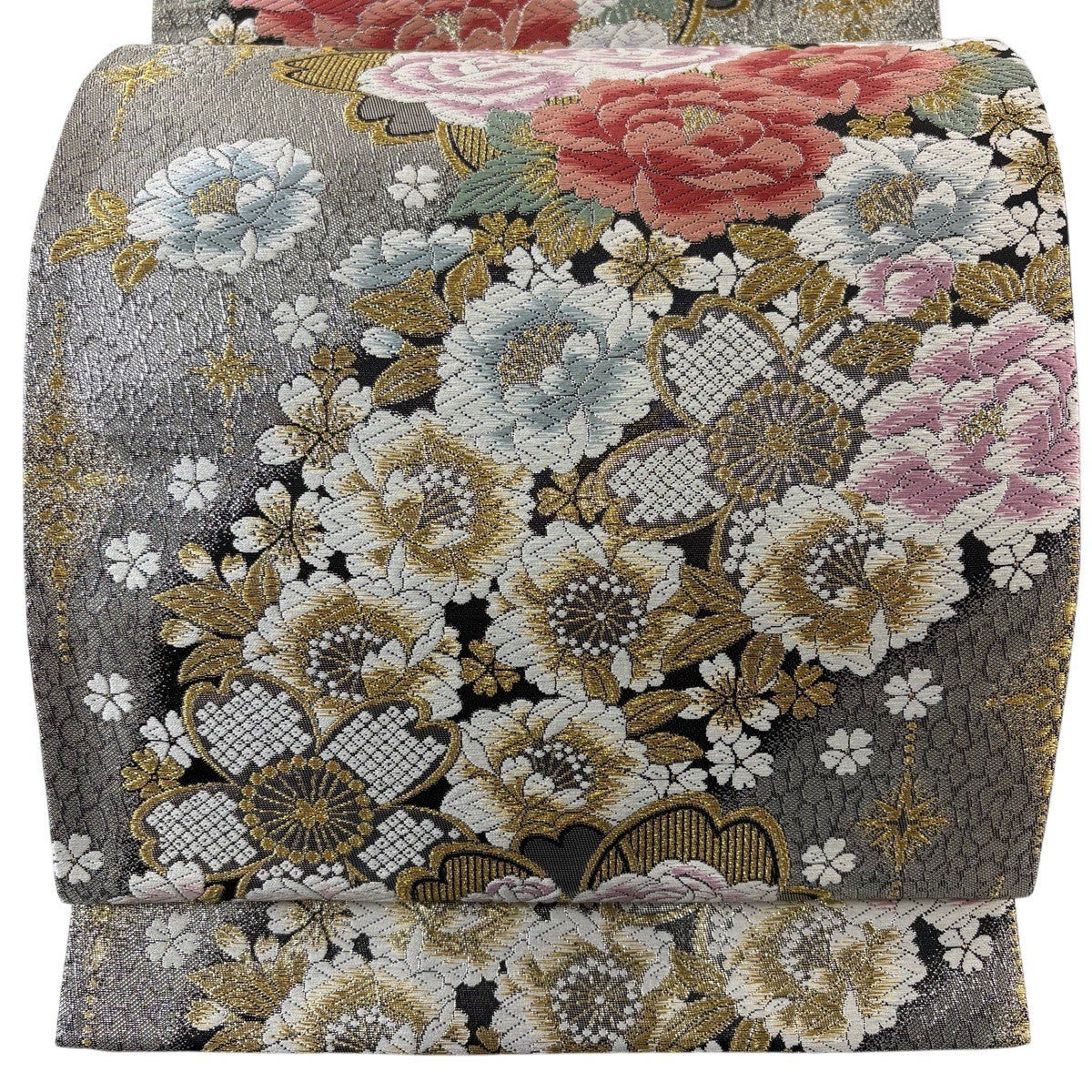 美品】 袋帯 秀品 牡丹 桜 金銀糸 箔 銀色 六通 正絹｜中古・古着