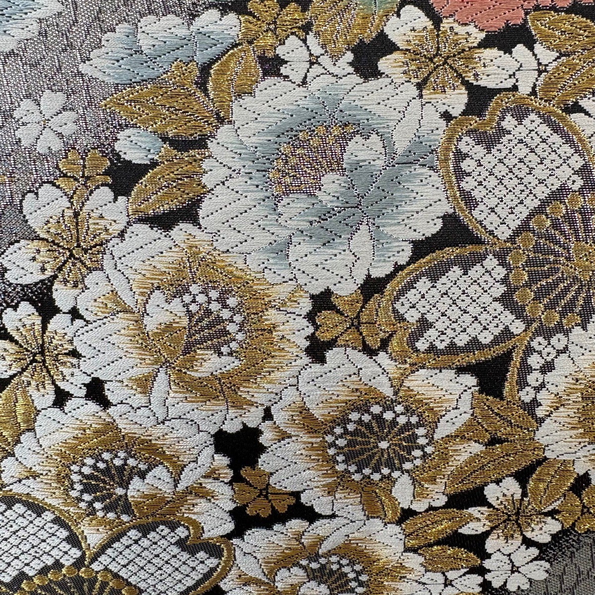 美品】 袋帯 秀品 牡丹 桜 金銀糸 箔 銀色 六通 正絹｜中古・古着