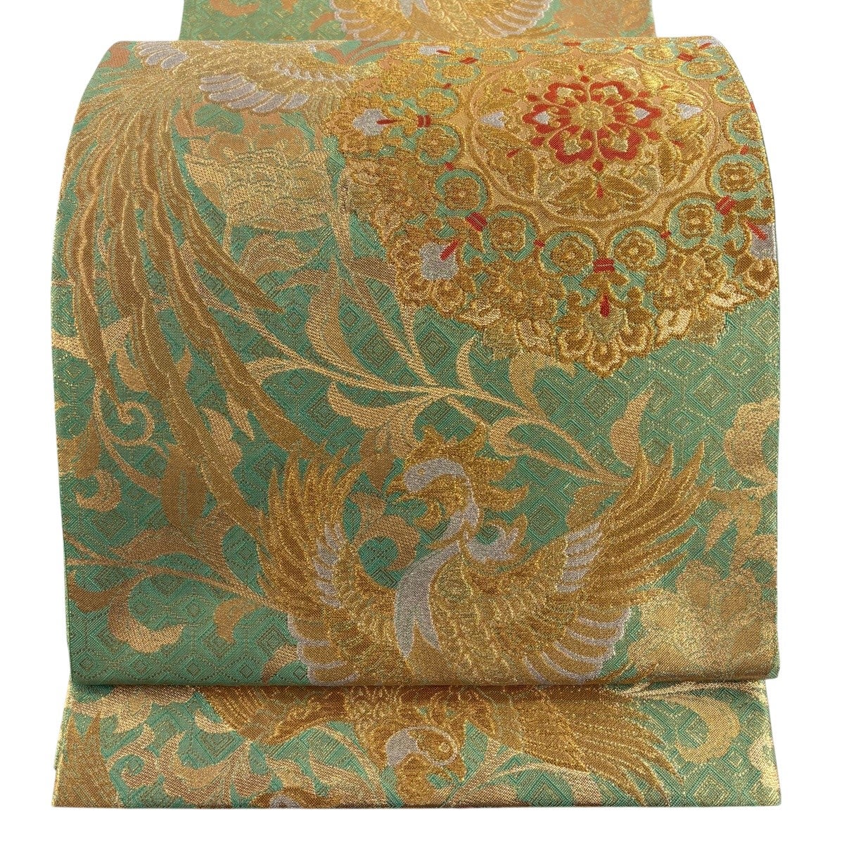 美品】 袋帯 秀品 花 幾何学模様 金糸 箔 黄緑色 全通 正絹｜中古
