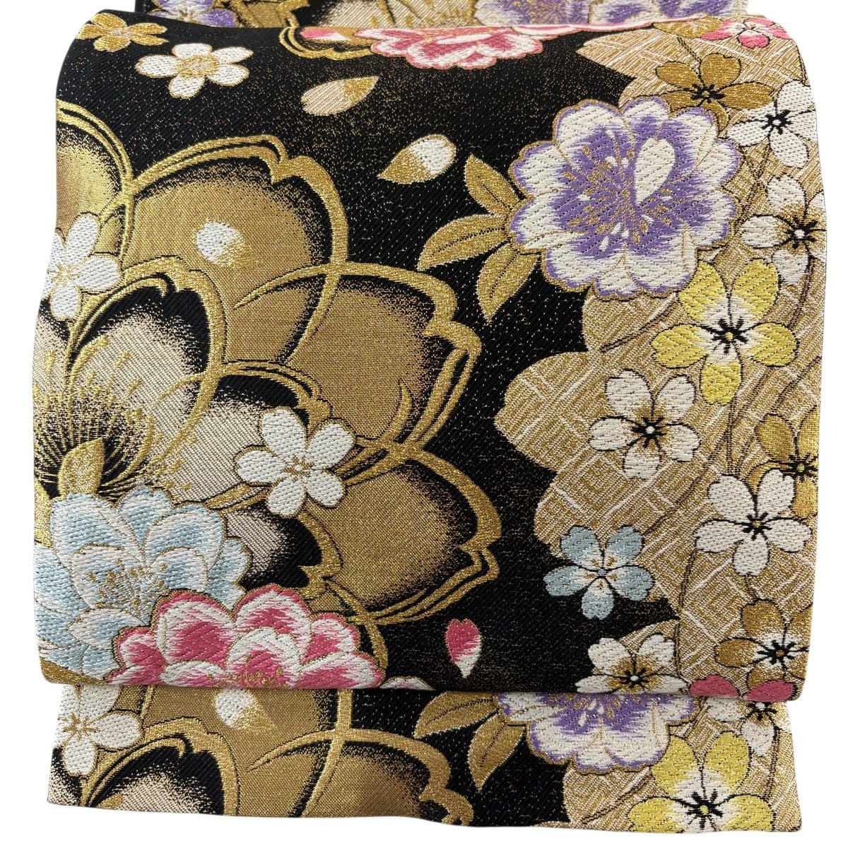 袋帯 秀品 桜 花びら 金糸 箔 黒 六通 正絹｜中古・古着・リサイクル