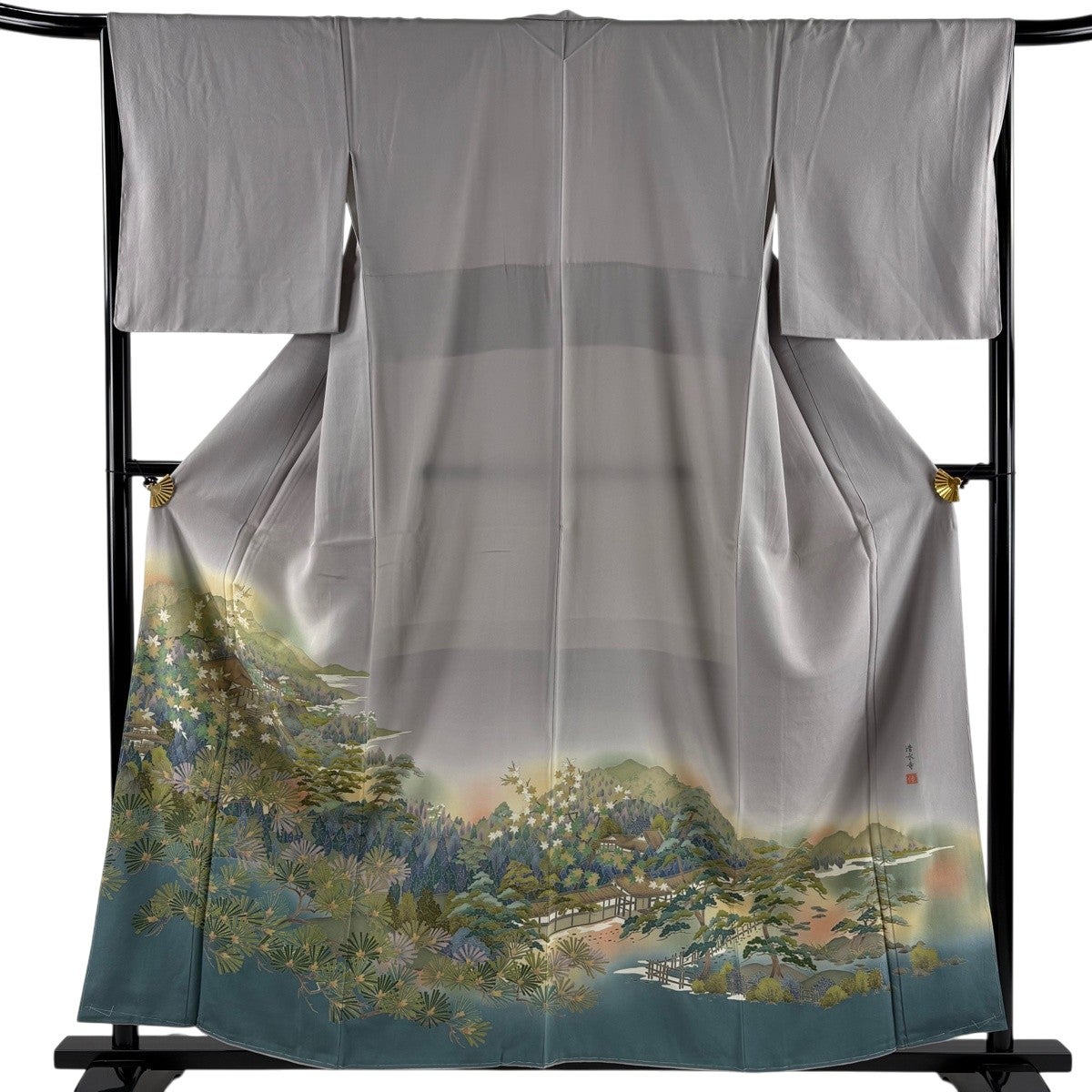 色留袖 身丈155cm 裄丈67cm M 袷 花井幸子 落款あり 笠松 霞 箔 刺繍 色留袖 身丈155cm 裄丈67cm M 袷 花井幸子 落款あり 笠松 霞 箔 刺繍