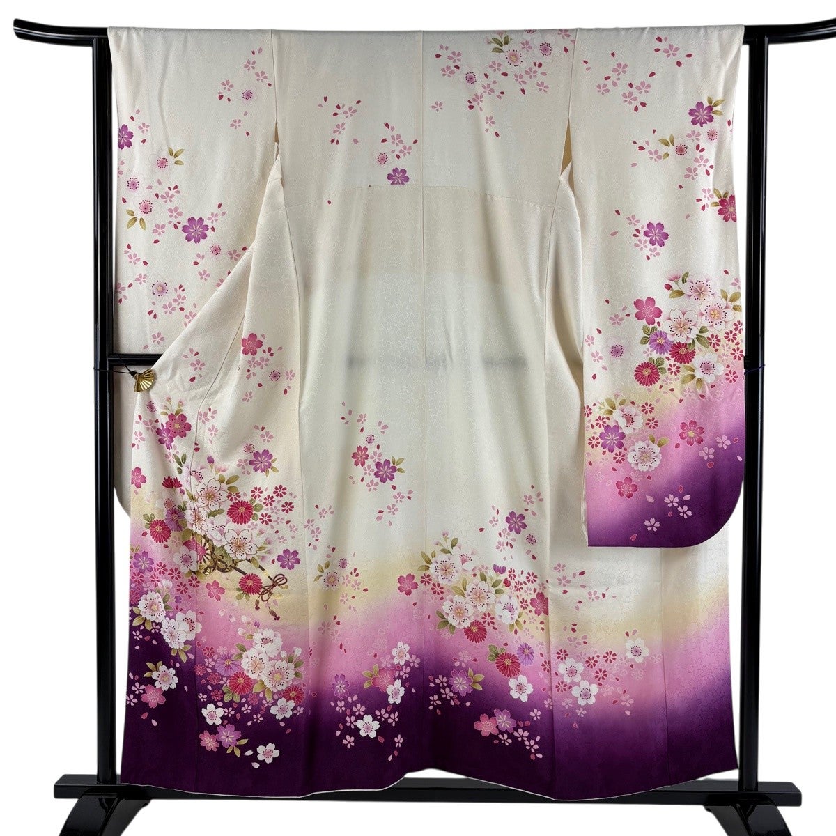 振袖 身丈155.5cm 裄丈64cm M 袷 花車 桜 銀通し 金彩 赤 正絹 秀品