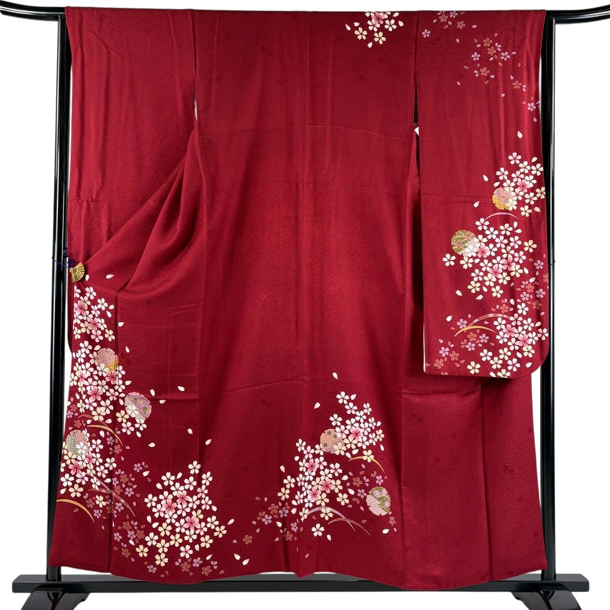美品】 振袖 身丈165cm 裄丈65.5cm M 袷 桜 花筏 金彩 ぼかし 赤 正絹