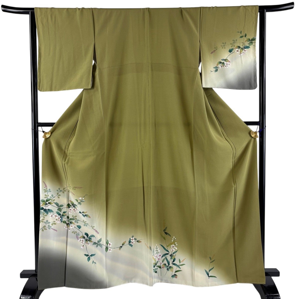 付下げ 身丈165.5cm 裄丈68cm L 紗袷 幾何学模様 金彩 深緑 正絹 名品