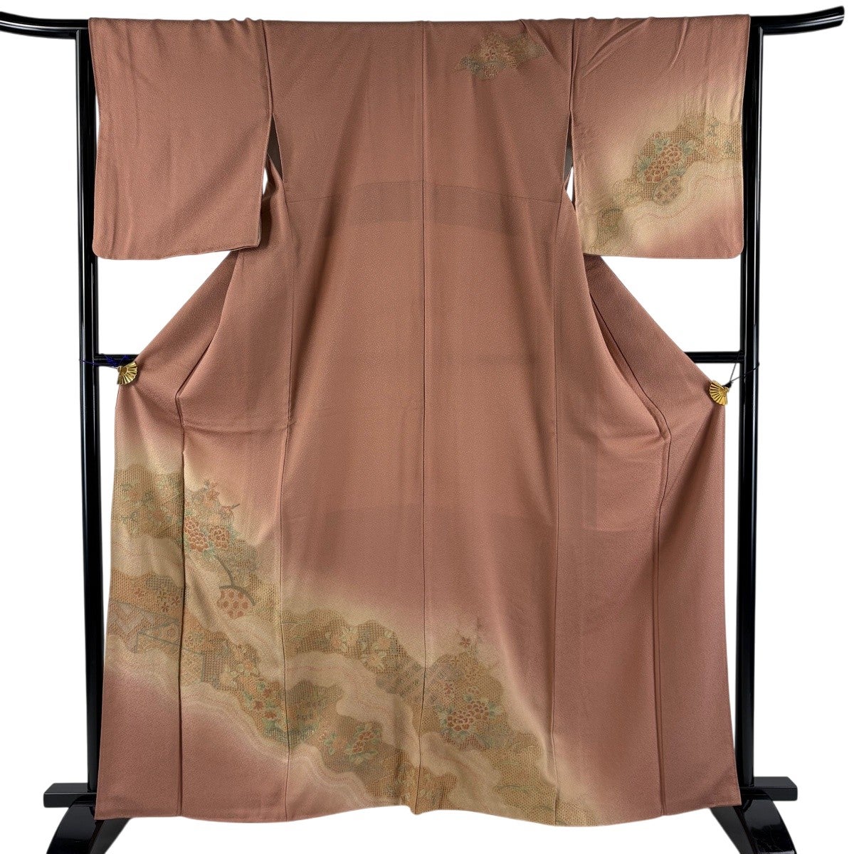 訪問着 身丈162.5cm 裄丈66.5cm M 袷 草花 ヱ霞 金糸 金彩 ピンク 正絹
