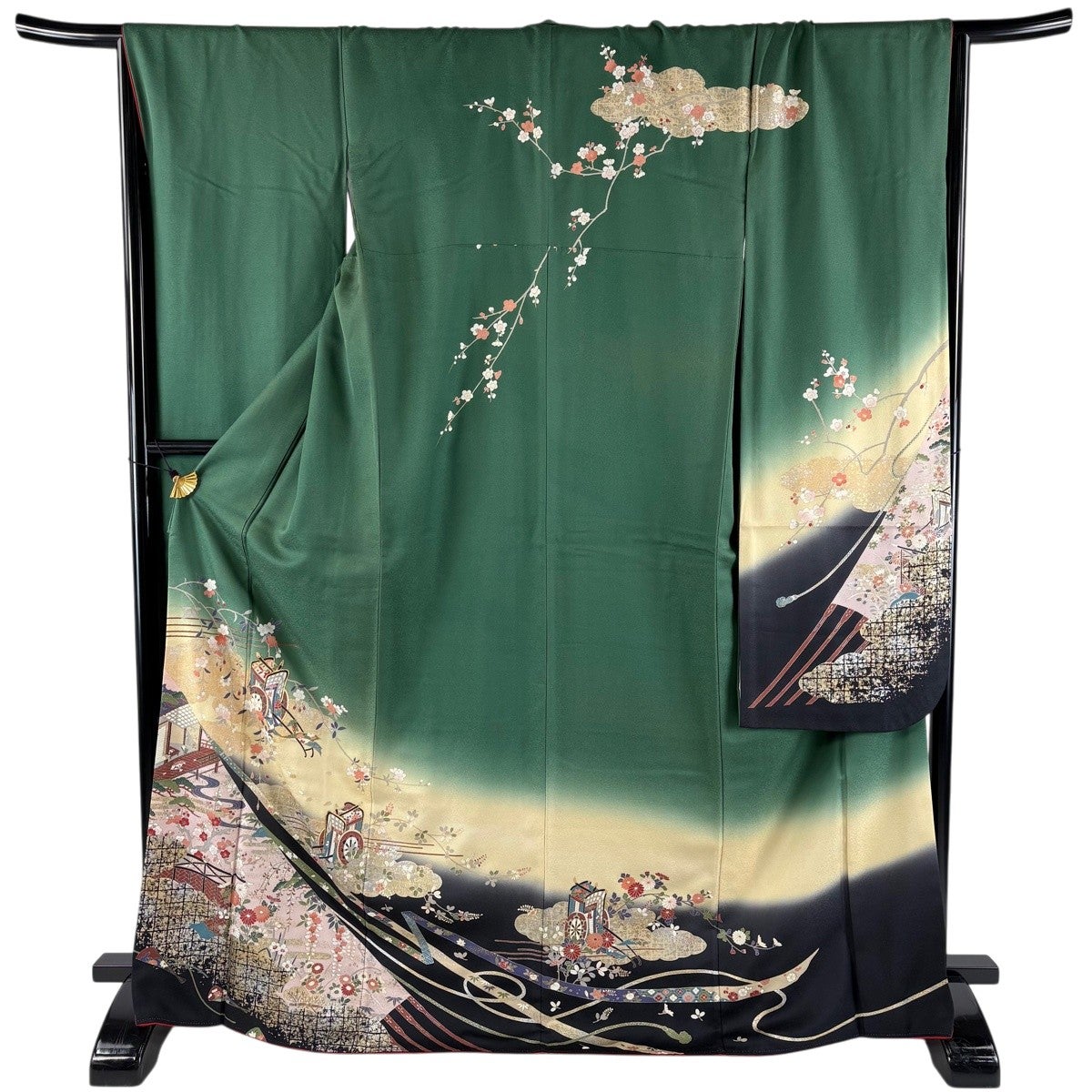 振袖 身丈170cm 裄丈68cm L 袷 御所車 桜 金糸 金銀彩 緑 正絹 秀品