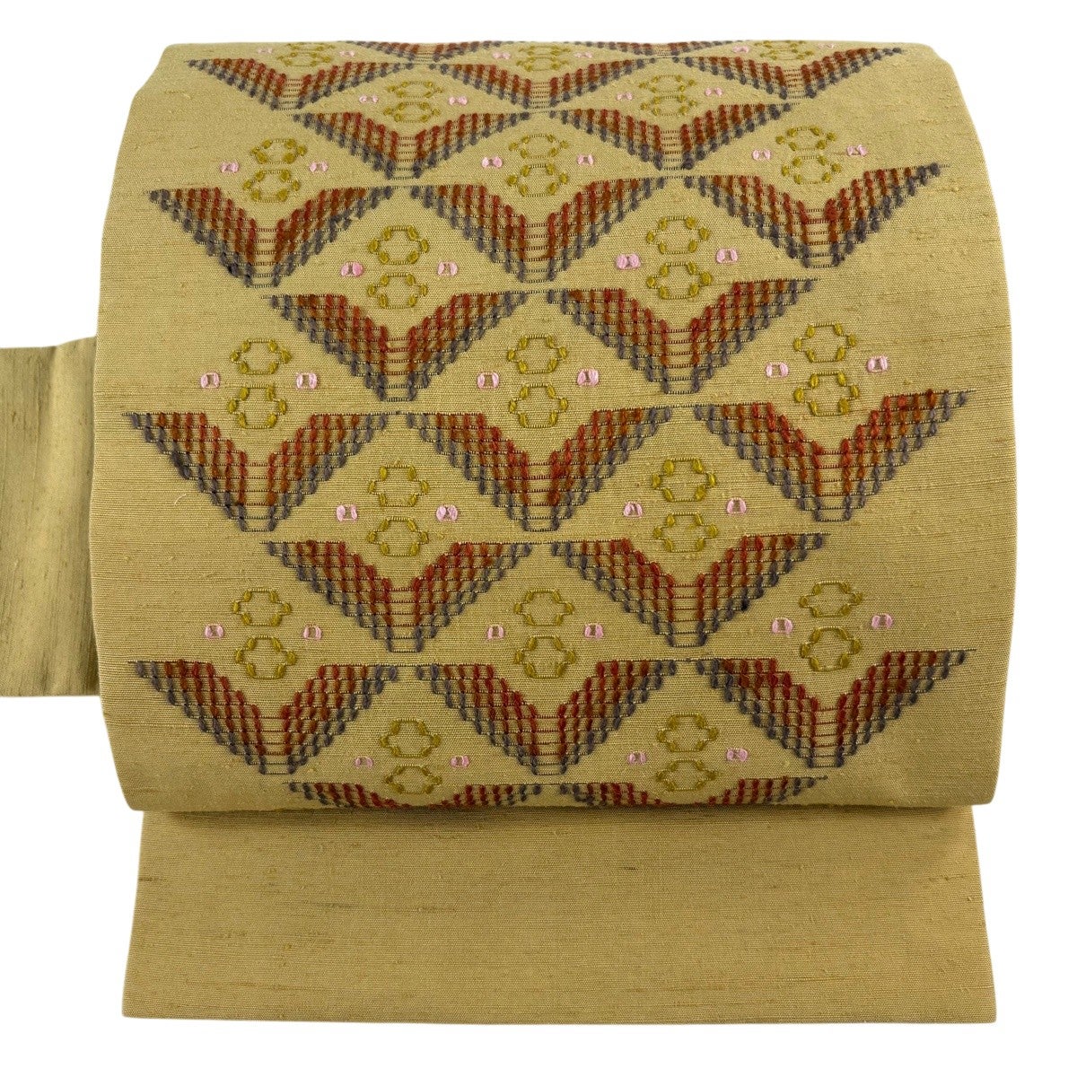 美品】 名古屋帯 逸品 紬地 幾何学模様 刺繍 黄土色 正絹｜中古・古着
