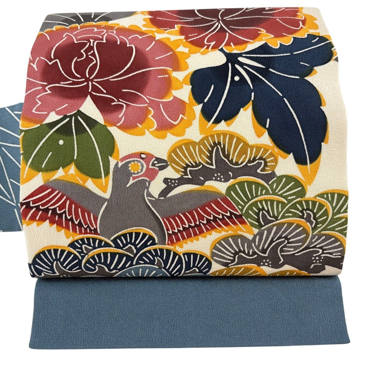 20%OFF 【美品】 名古屋帯 逸品 栗山吉三郎 花鳥 松 縮緬 青灰色 正絹