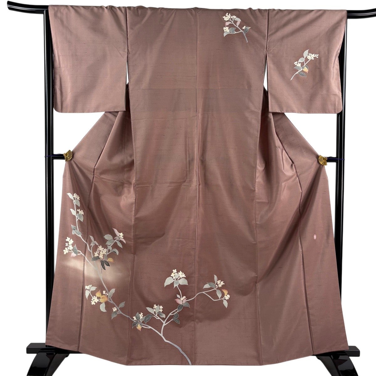 着物 作家物 浄山窯 紬 暖色ぼかし 茶色桜 草木染 身丈158cm 正絹 付下げ 身丈163cm 裄丈66cm M 袷 紬地 桜 縞 染め分け ぼかし 小豆色