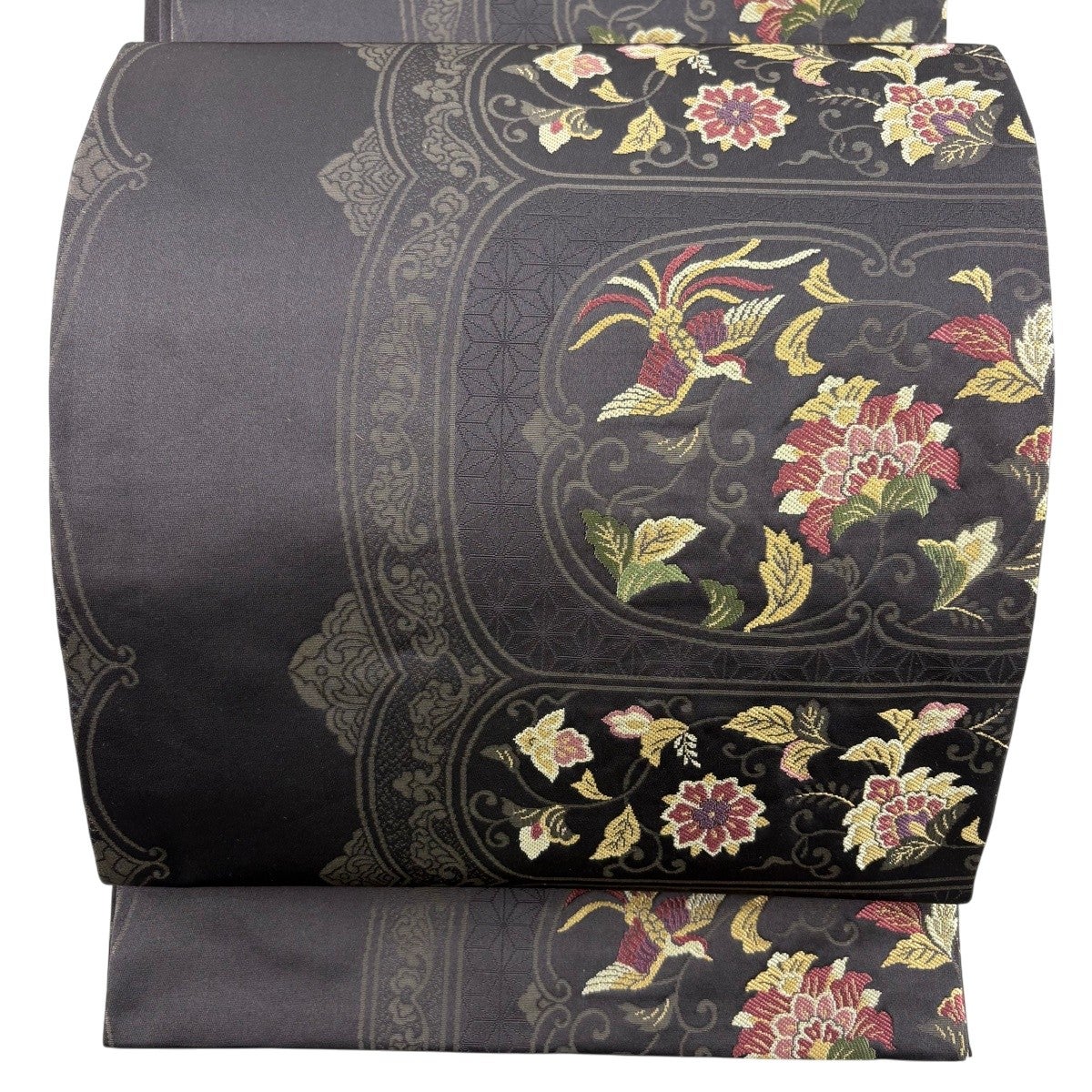 名古屋帯 鳥と花 黒 美品】 開き名古屋帯 秀品 花鳥 花唐草 黒灰 正絹｜中古・古着