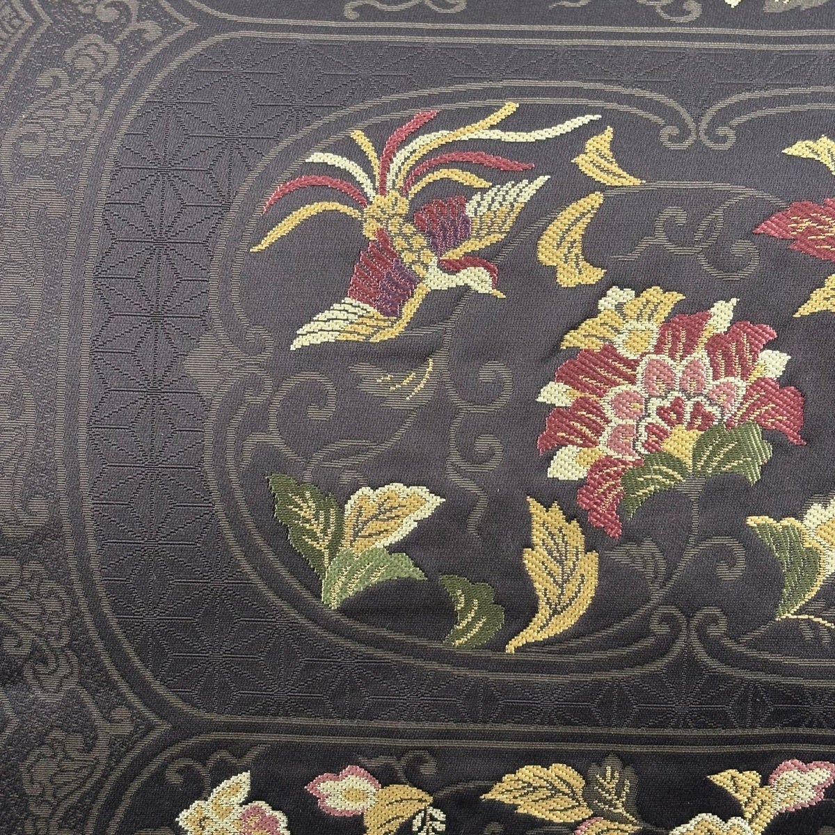 美品】 開き名古屋帯 秀品 花鳥 花唐草 黒灰 正絹｜中古・古着
