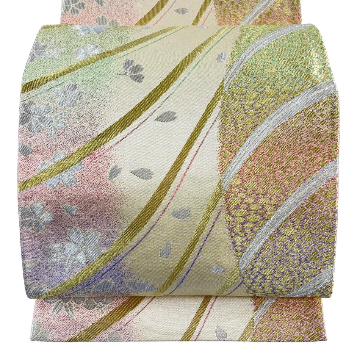 美品】 袋帯 秀品 斜縞 金銀糸 金色 六通 正絹｜中古・古着