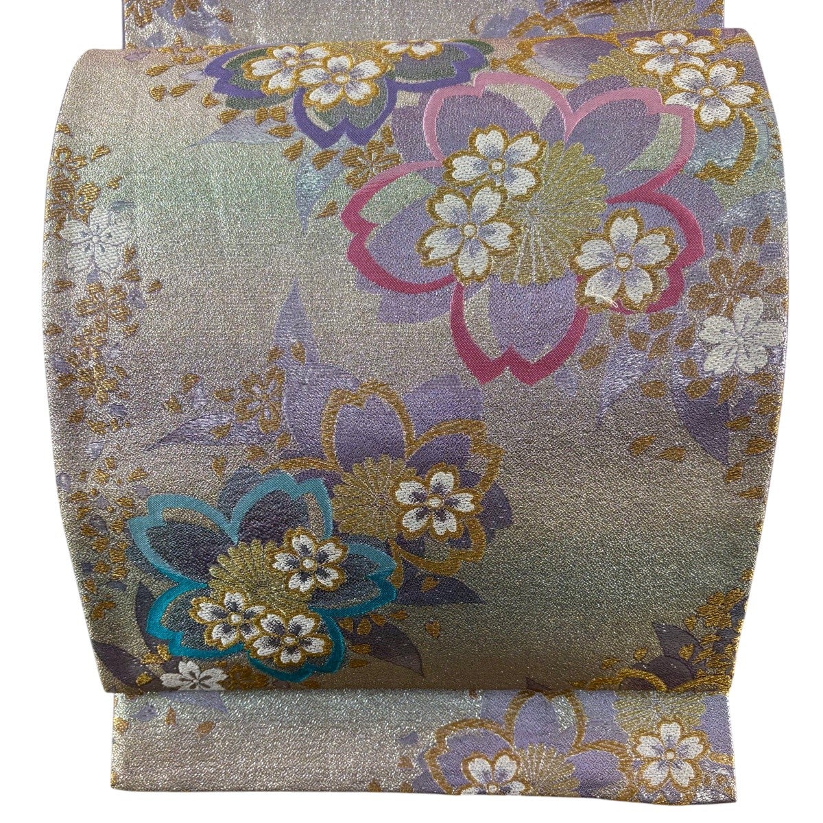 袋帯 雪輪に地紙文 刺繍入り 箔入り 白色ｘ多色  六通柄 正絹 仕立て上がり 長さ448cm 【キモノオフ野々市若松店】 美品】 袋帯 秀品 桜 雪輪 唐織 箔 薄紫 六通 正絹｜中古・古着