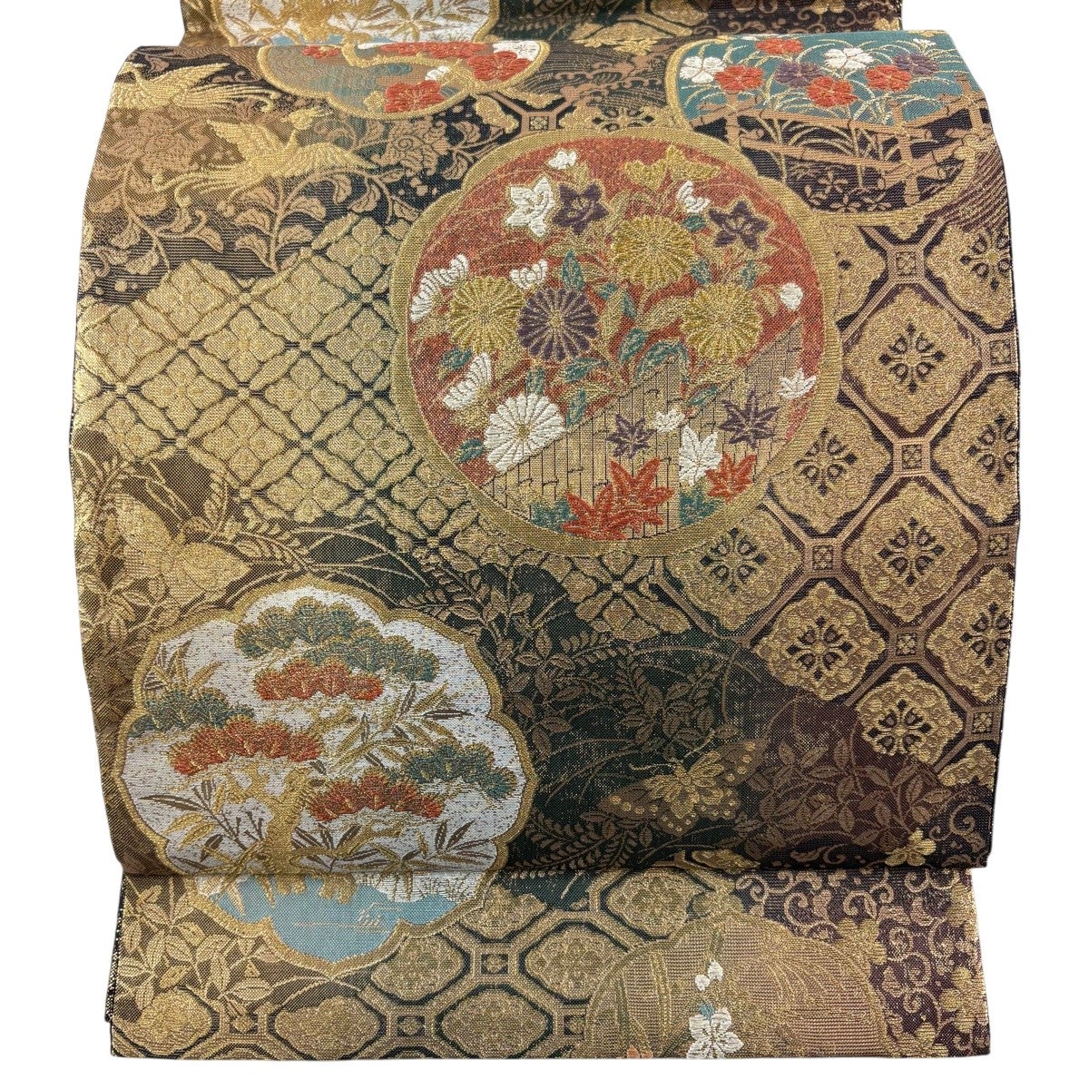 袋帯 秀品 格子 蜀江文 金糸 箔 金色 六通 正絹｜中古・古着 