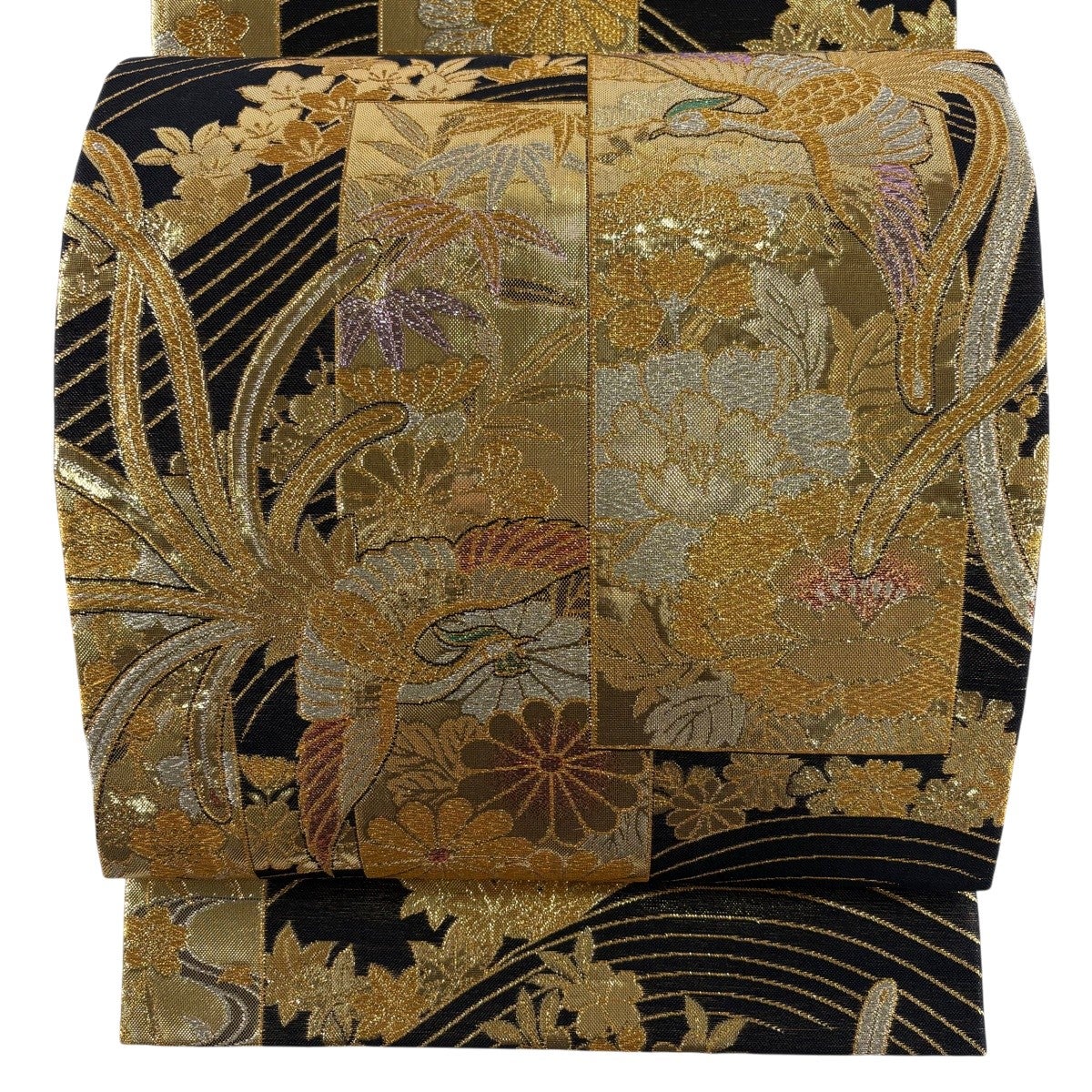 袋帯 秀品 振袖向き 鳳凰 草花 箔 金糸 黒 六通 正絹｜中古・古着
