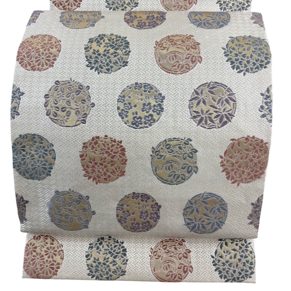 名古屋帯 秀品 松葉仕立て 花丸文 梅 箔 ベージュ 正絹｜中古・古着