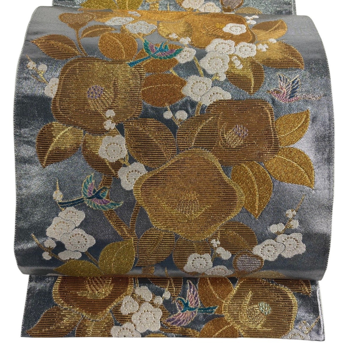 50%OFF 袋帯 秀品 振袖向き 桜 金糸 箔 銀色 六通 正絹 K50｜中古