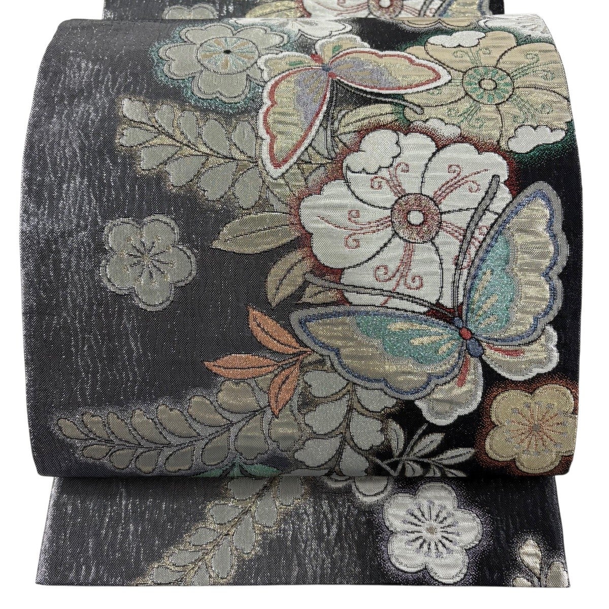 美品】 袋帯 秀品 蝶 桜 箔 銀糸 黒 六通 正絹｜中古・古着