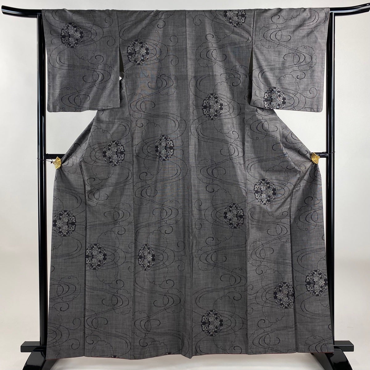 美品】 紬 身丈166cm 裄丈68cm L 袷 袋帯セット 雪輪 桜 灰色 正絹