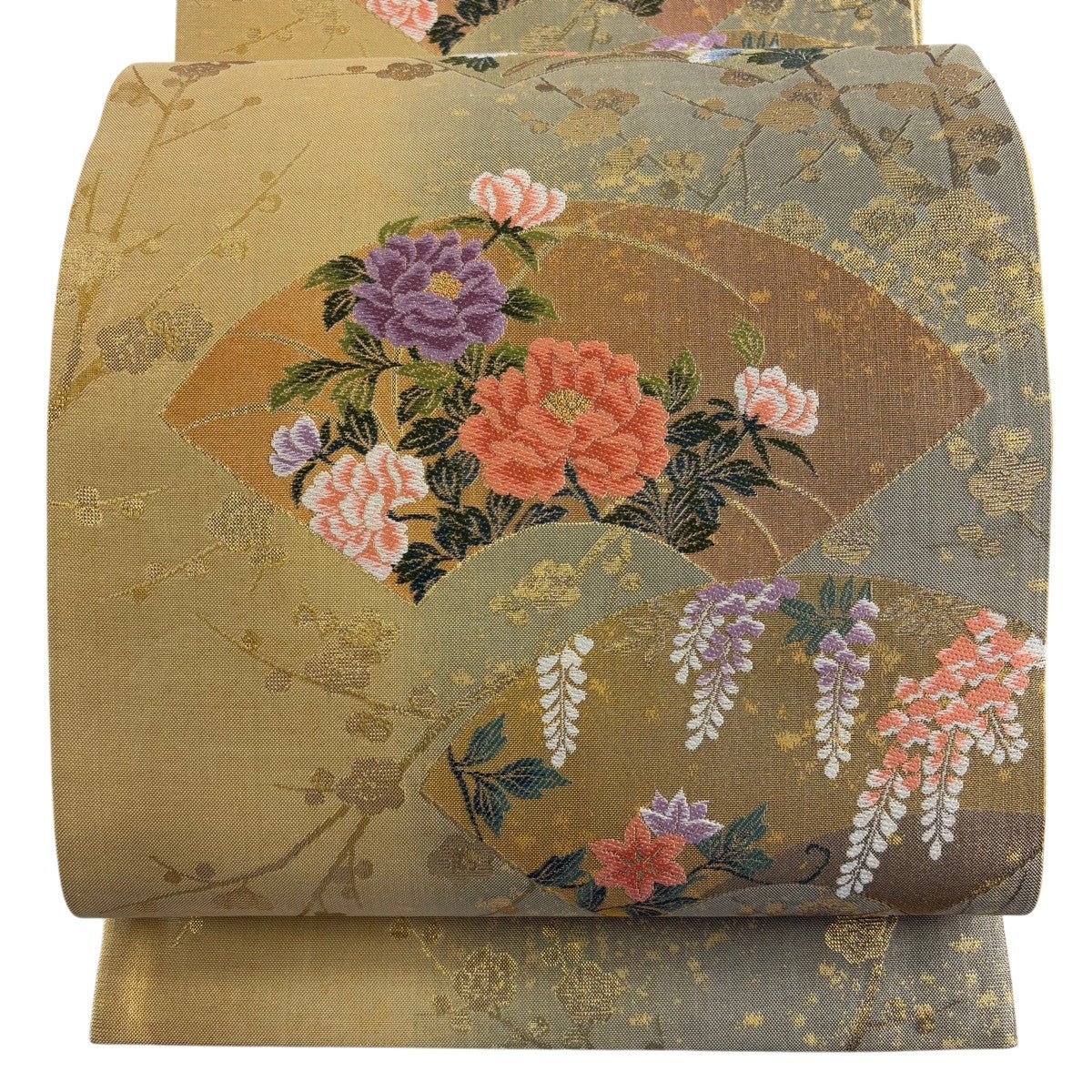 在庫一掃 美品 袋帯 秀品 扇面 菊 金糸 薄黄土色 お太鼓柄 在庫一掃 美品 袋帯 秀品 扇面 菊 金糸 薄黄土色 お太鼓柄