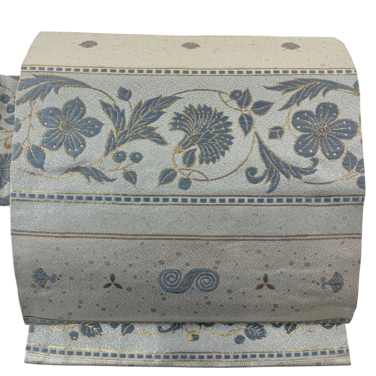 美品】 名古屋帯 優品 天然美 段縞 花唐草 箔 銀色 正絹｜中古・古着