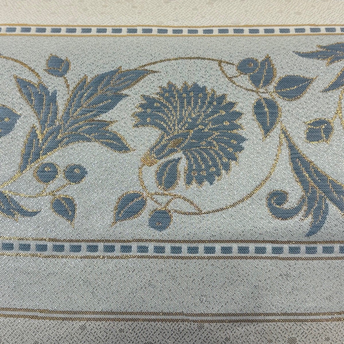 美品】 名古屋帯 優品 天然美 段縞 花唐草 箔 銀色 正絹｜中古・古着