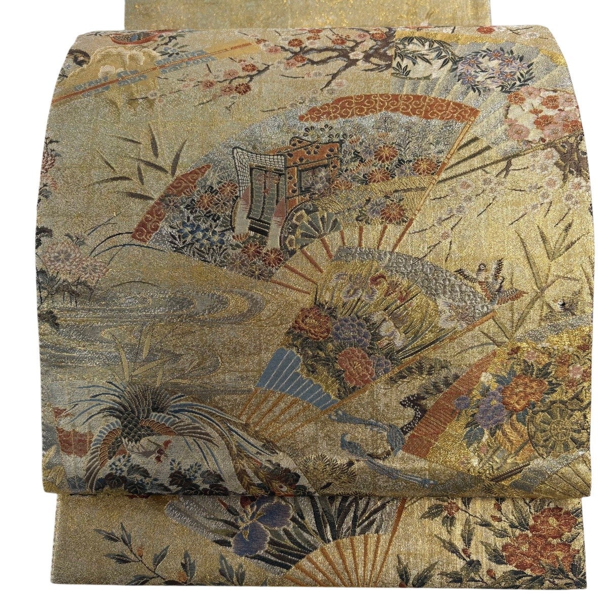 美品】 丸帯 名品 プラチナ本金箔 壱阡八百口織 日本絵画全集 花車 箔