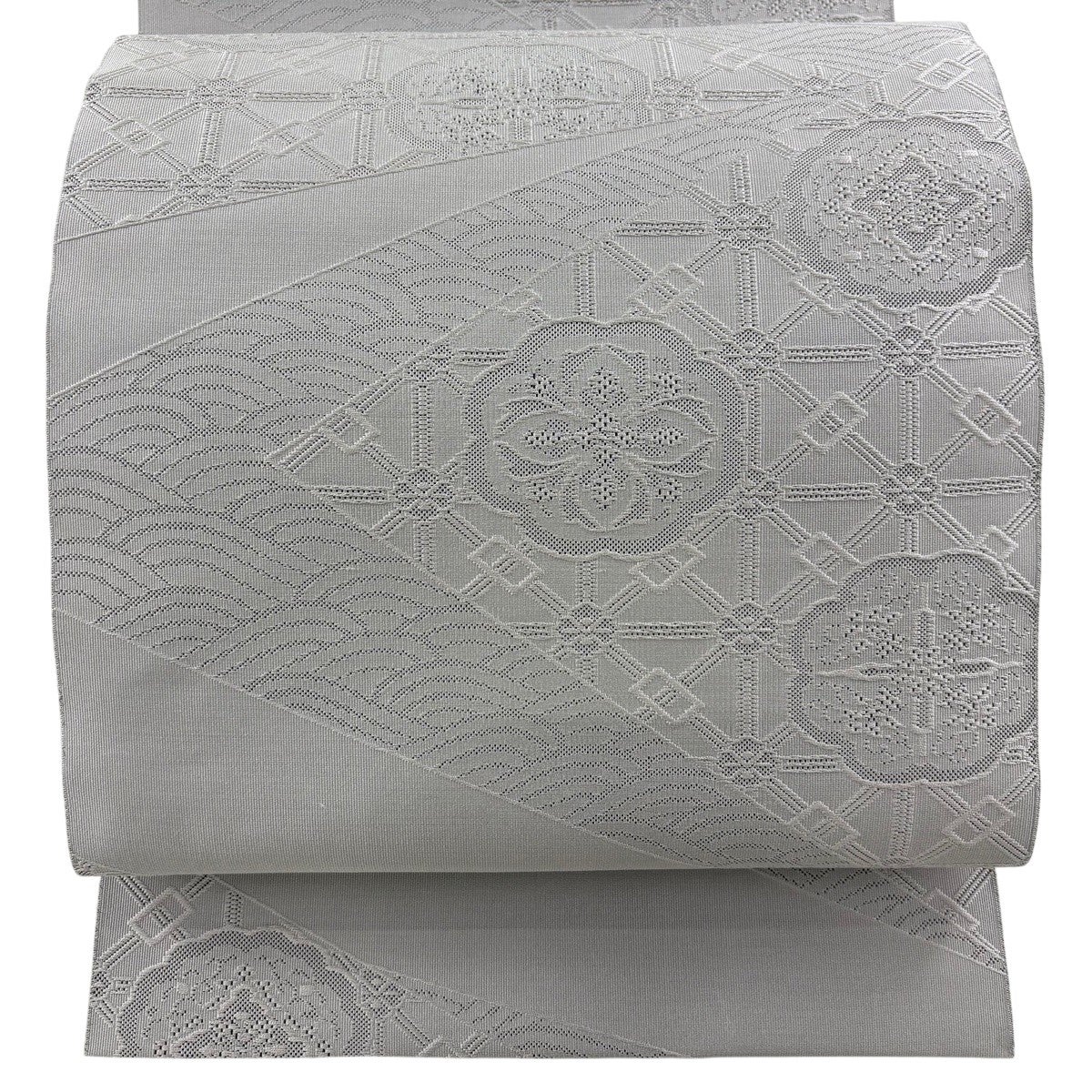 美品】 名古屋帯 名品 八寸名古屋帯 松葉仕立て 花菱 青海波 灰紫 正絹