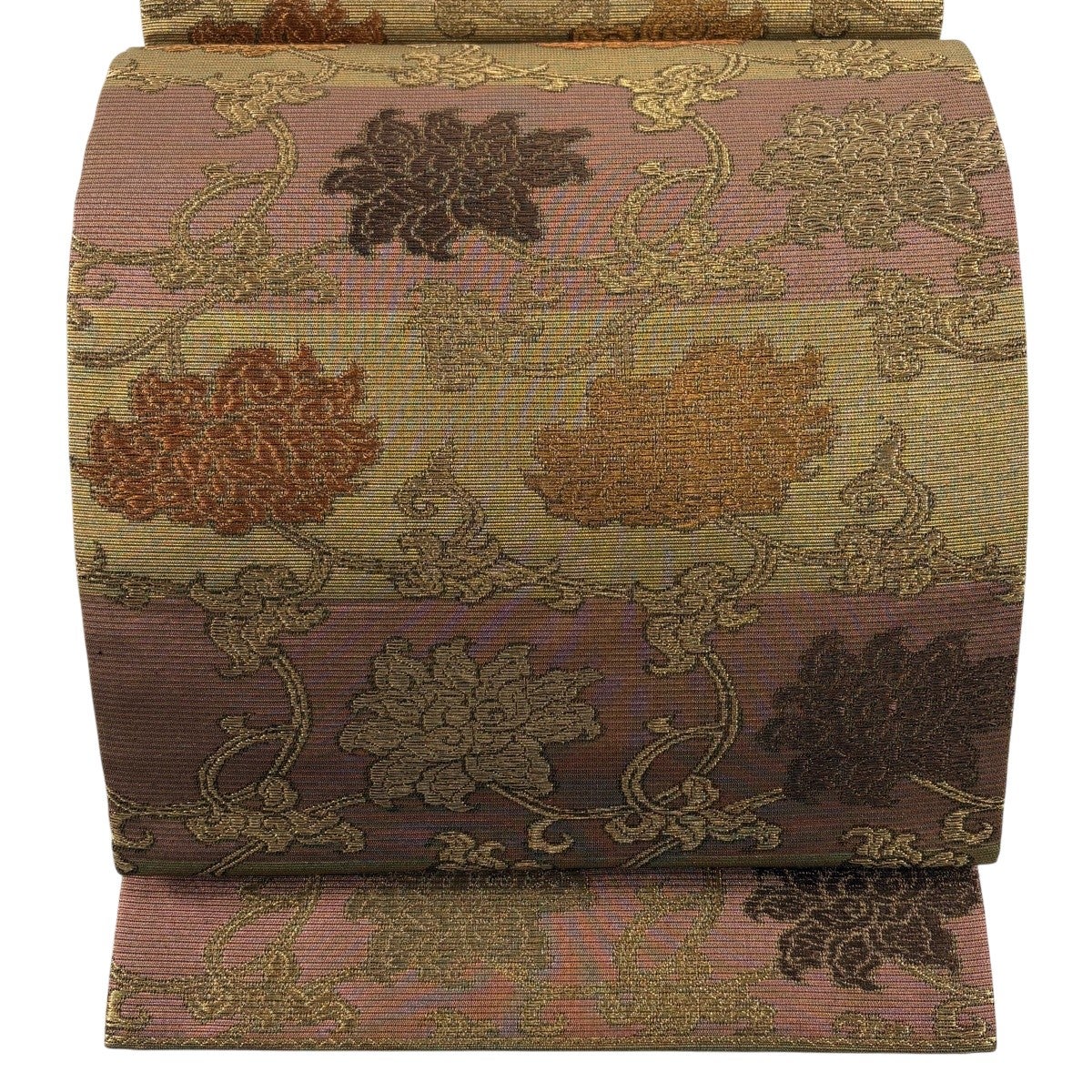 美品】 袋帯 秀品 草花 御所車 箔 茶紫 六通 正絹｜中古・古着
