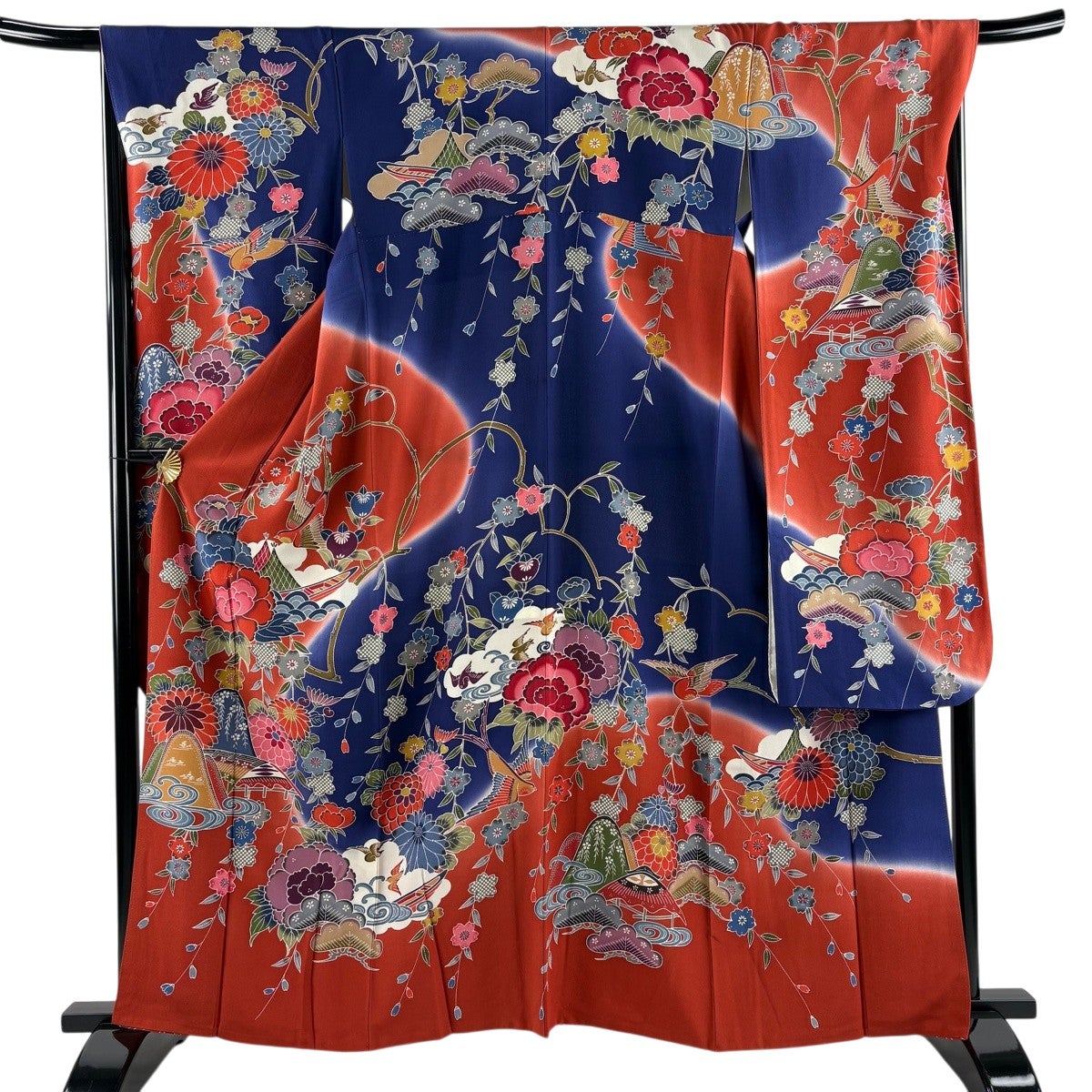 振袖 身丈164.5cm 裄丈67.5cm L 袷 花鳥 波 金糸 金彩 紺色 正絹 名品