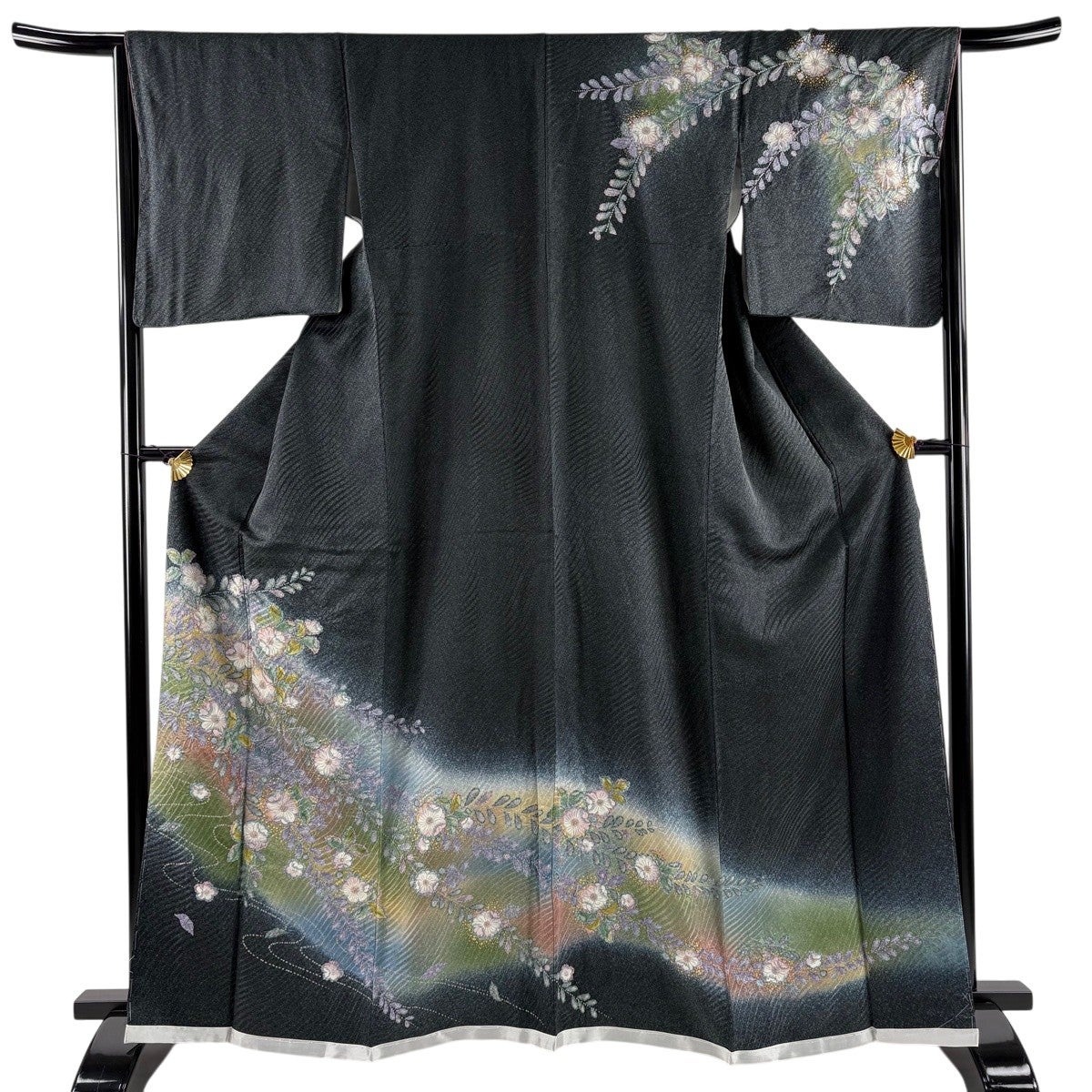 訪問着 身丈153cm 裄丈63.5cm S 袷 向かい鳥 草花 金彩 ぼかし 青灰色
