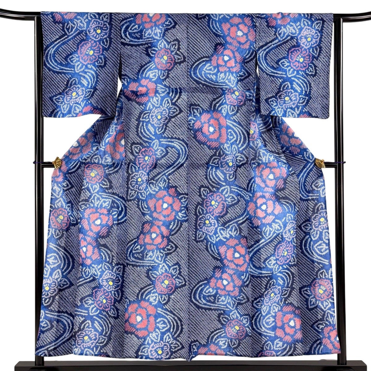 美品】 浴衣 身丈154cm 裄丈63cm S 絞り浴衣 椿 青 綿 名品｜中古