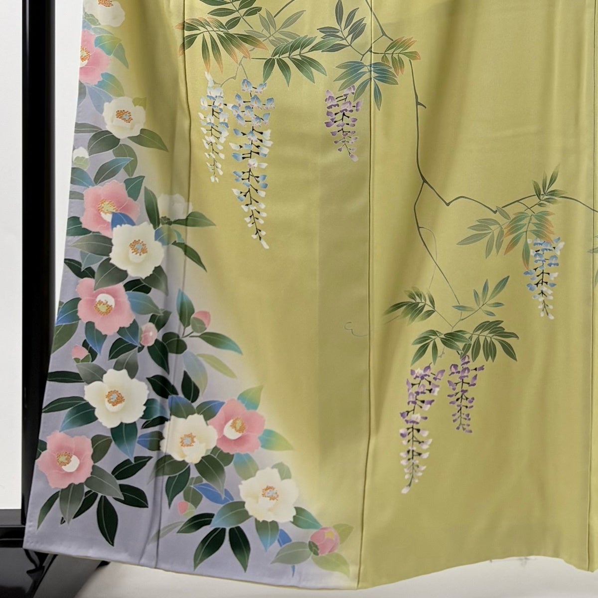 30%OFF 訪問着 身丈160cm 裄丈67.5cm L 袷 落款あり 椿 藤 ぼかし 黄色