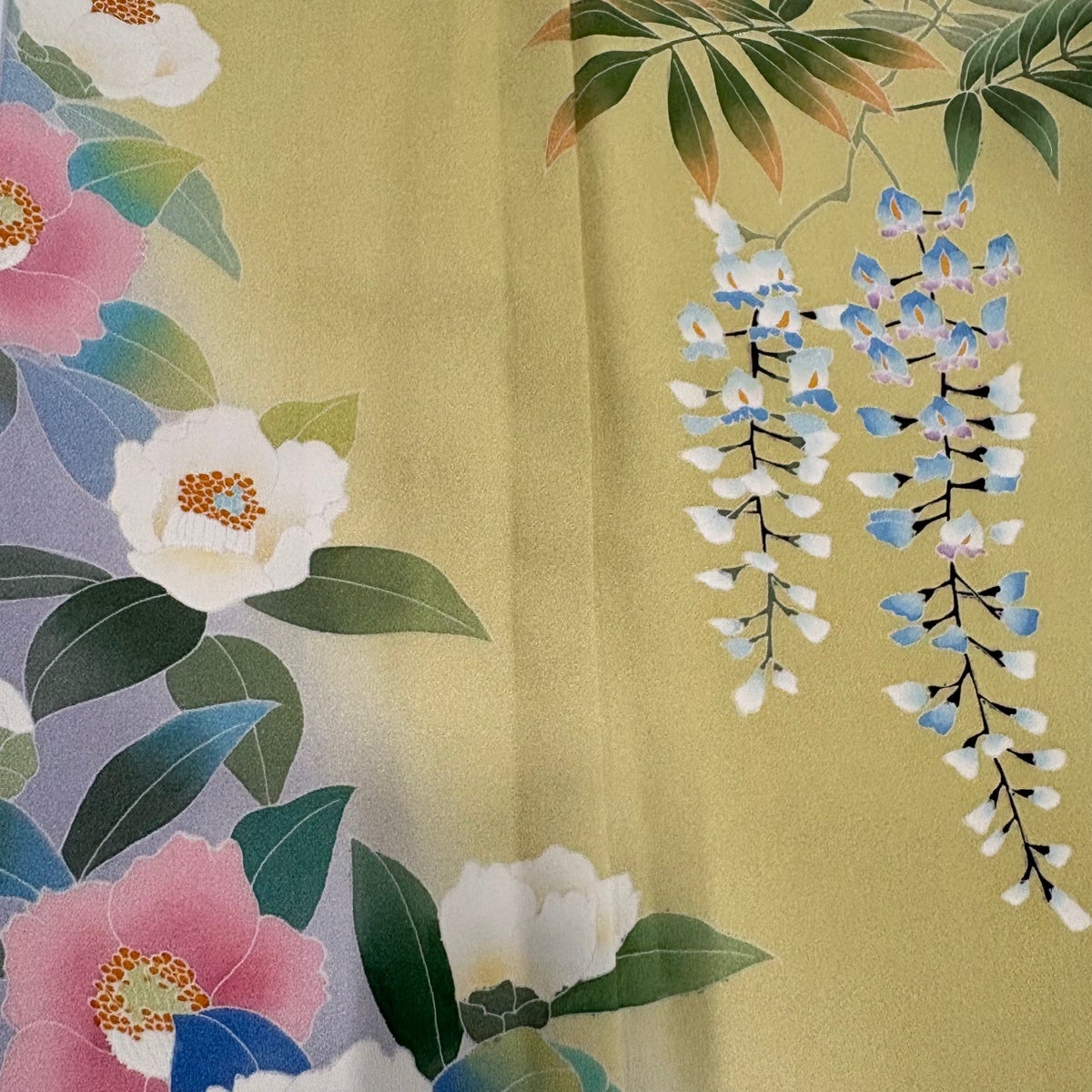 30%OFF 訪問着 身丈160cm 裄丈67.5cm L 袷 落款あり 椿 藤 ぼかし 黄色