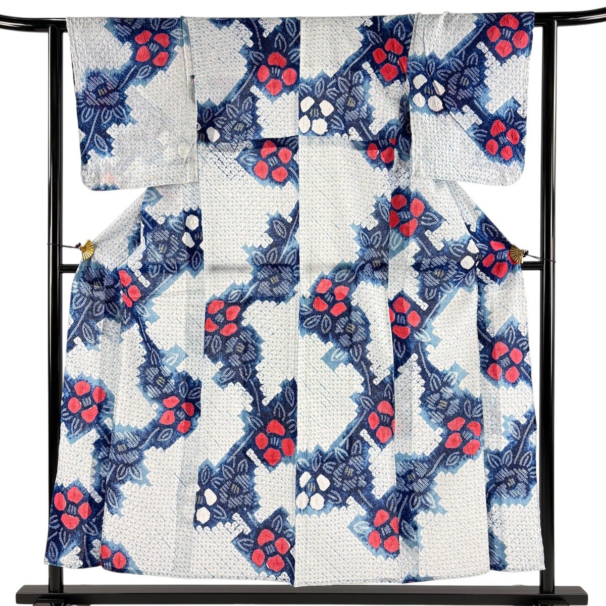 美品】 浴衣 身丈160cm 裄丈63cm S 絞り浴衣 草花 絞り 青 綿 名品