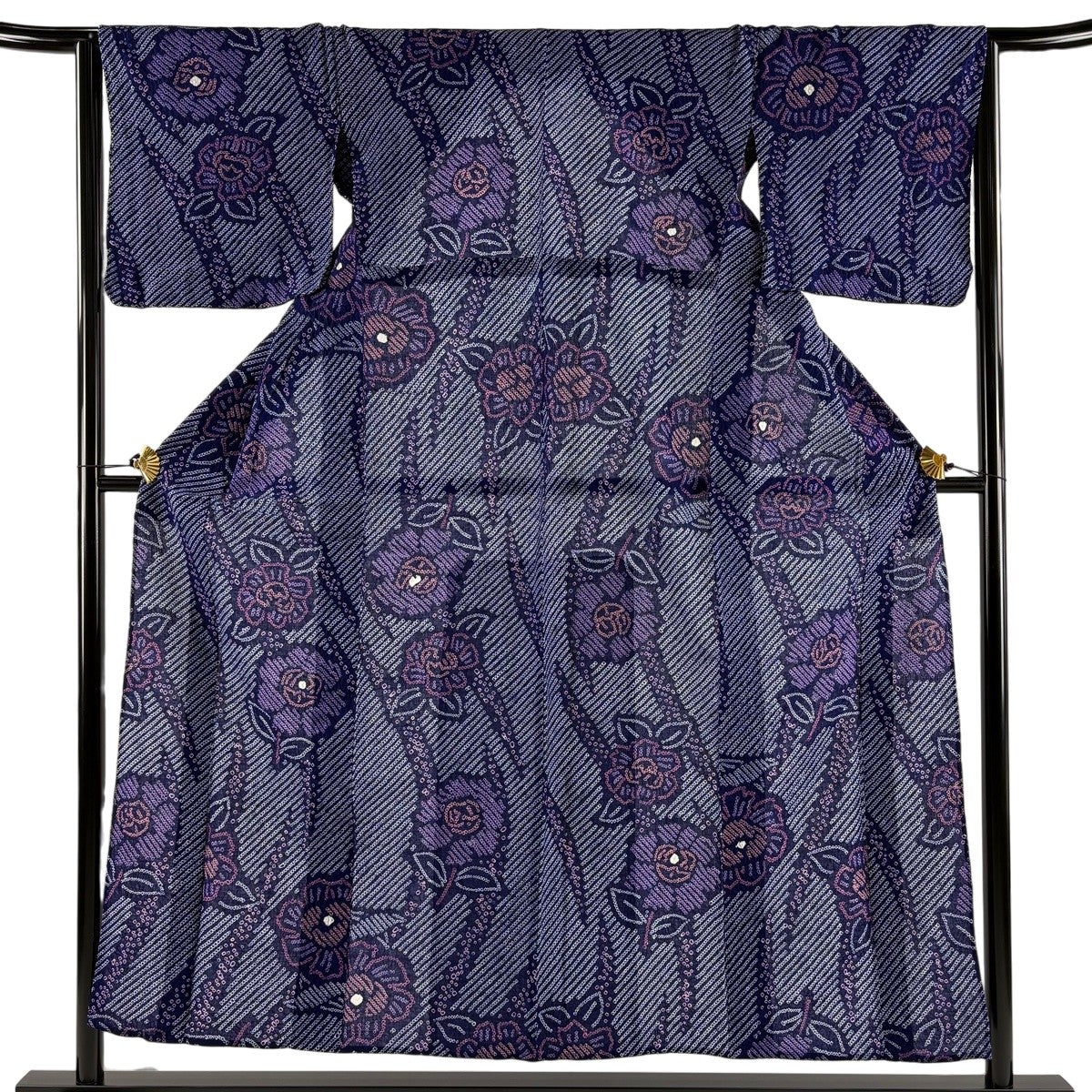 美品】 浴衣 身丈146cm 裄丈66cm M 絞り浴衣 草花 流水 紺色 綿 名品