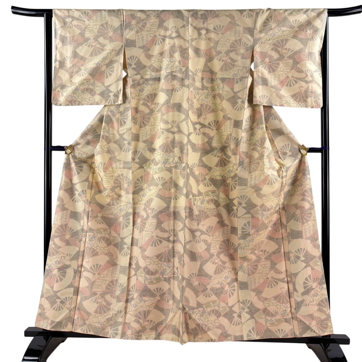 美品】 紬 身丈159cm 裄丈64.5cm M 袷 扇 草花 薄オレンジ 正絹 優品