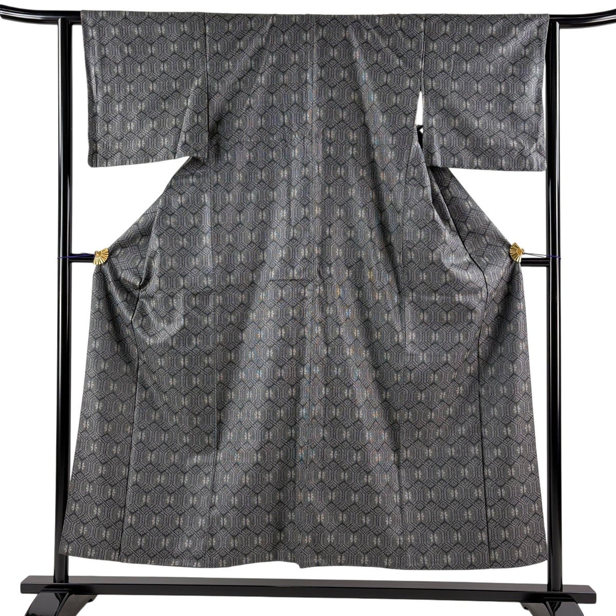 美品】 紬 身丈161cm 裄丈62.5cm S 袷 花 波 紺色 正絹 優品｜中古