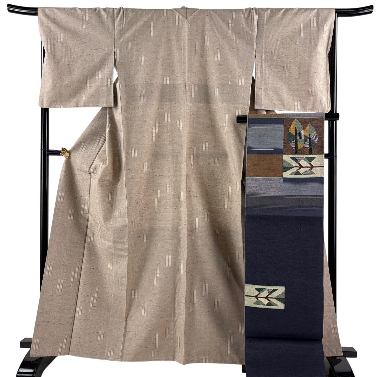 美品】 紬 身丈164cm 裄丈67.5cm L 袷 袋帯セット 縞 幾何学模様 灰茶
